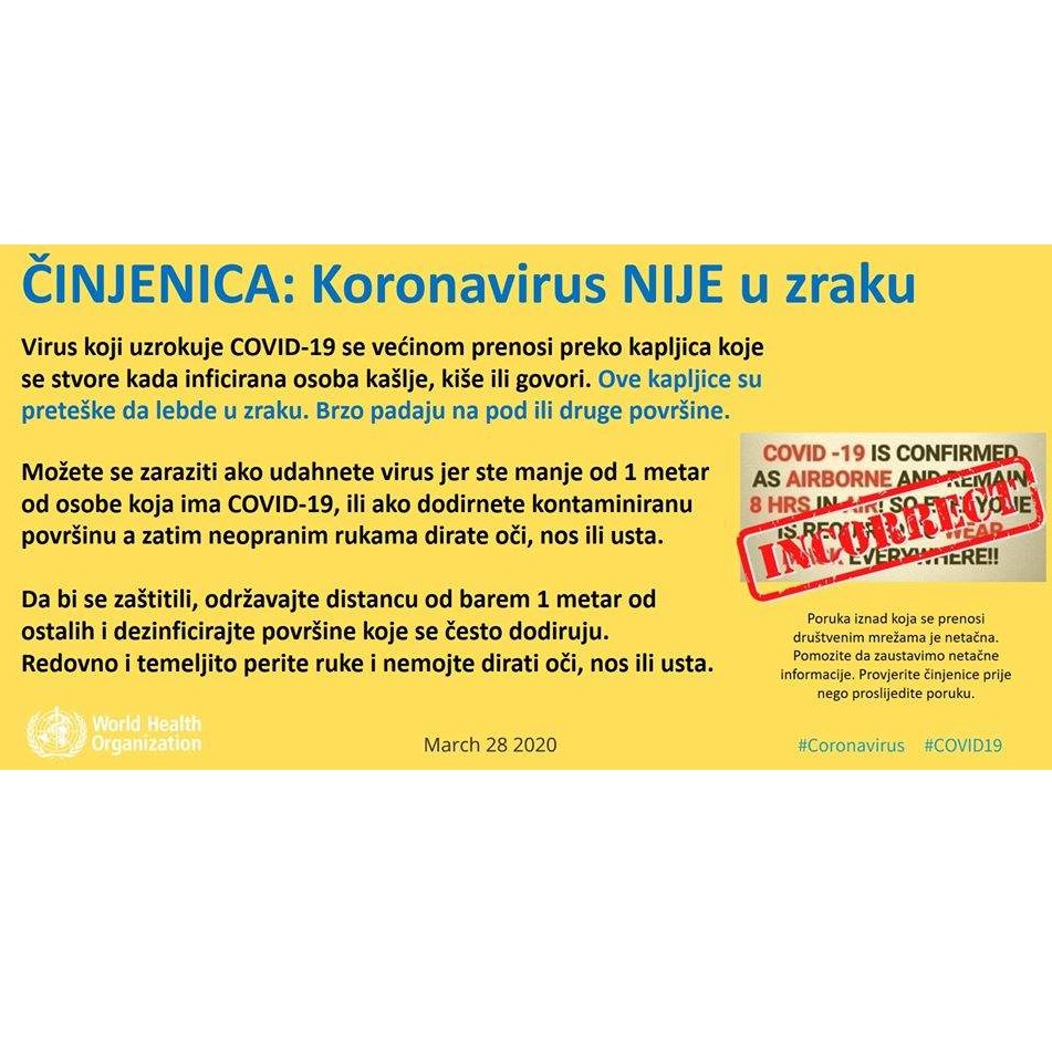 Ured WHO za BiH: Vjerujte činjenicama a ne glasinama, koronavirus nije u zraku