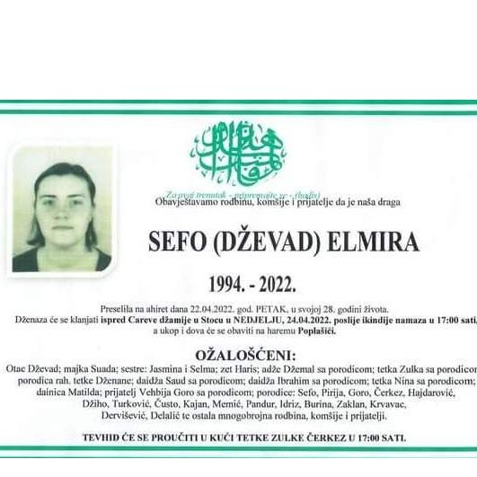 Stolac: Danas dženaza Elmiri Sefo