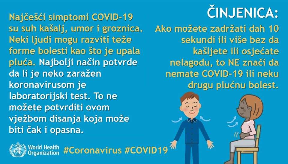 WHO u BiH: Koronavirus se ne može provjeriti vježbom disanja koja može biti čak i opasna
