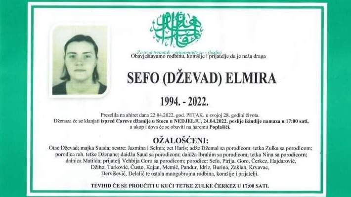 Stolac: Danas dženaza Elmiri Sefo
